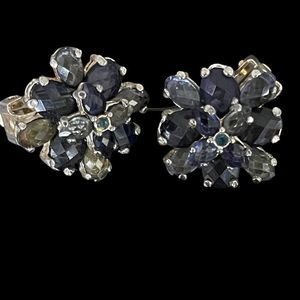 Vintage shades of blue rhinestone earrings clip on silver tone